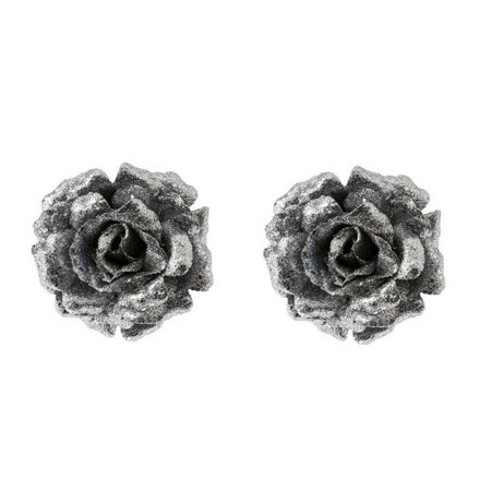 6x stuks zilveren rozen met glitters op clip 12 cm