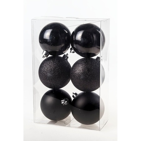 12x stuks kunststof kerstballen mix van zilver en zwart 8 cm