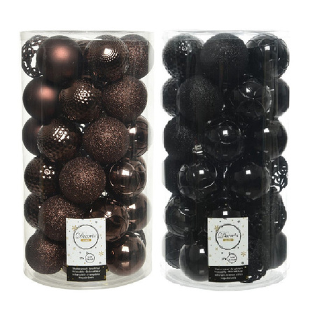 74x stuks kunststof kerstballen mix donkerbruin en zwart 6 cm