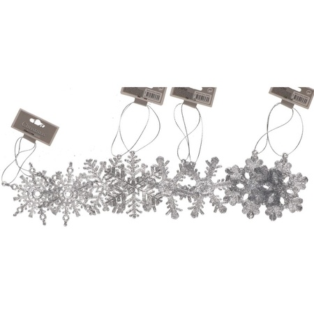 8x Kersthangers figuurtjes zilver sneeuwvlok/ster 10 cm glitter