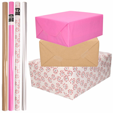 8x Rollen transparant folie/inpakpapier pakket - roze/bruin/wit met hartjes 200 x 70 cm