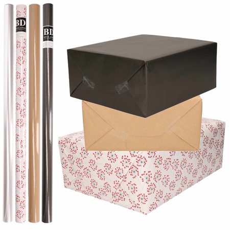 8x Rolls transparant foil/wrapping paper pack brown/black/white with hearts 200 x 70 cm