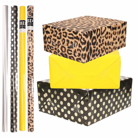 8x Rollen transparante folie/inpakpapier pakket - panterprint/geel/zwart met stippen 200 x 70 cm