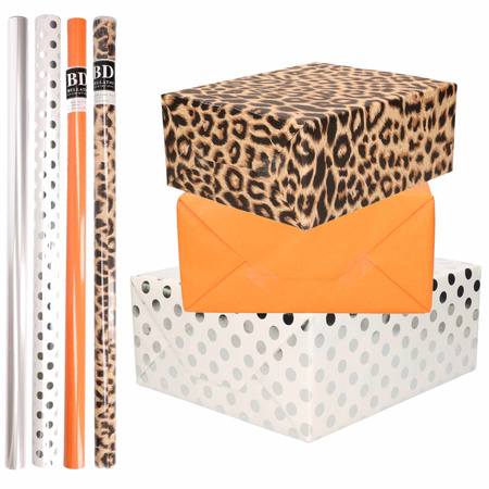 8x Rollen transparante folie/inpakpapier pakket - panterprint/oranje/wit met stippen 200 x 70 cm