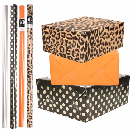 8x Rollen transparante folie/inpakpapier pakket - panterprint/oranje/zwart met stippen 200 x 70 cm