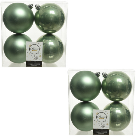 8x Sage green Christmas baubles 10 cm plastic matte/shiny