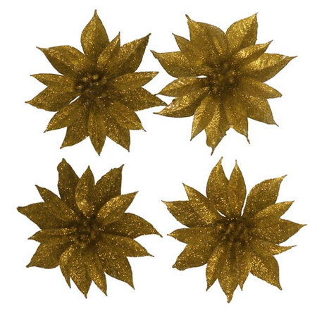 8x pcs christmas glitter decoration flowers on clip gold 9,5 cm