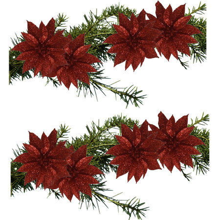 8x stuks kerstboom glitter decoratie bloemen op clip rood 9.5 cm