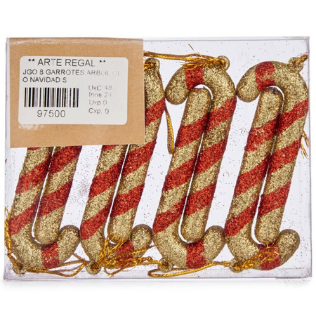 8x stuks kunststof kersthangers zuurstokken rood/goud 11 cm kerstornamenten