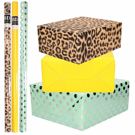 9x Rolls wrapping paper pack pantherprint/yellow/green with silver dots 200 x 70 cm