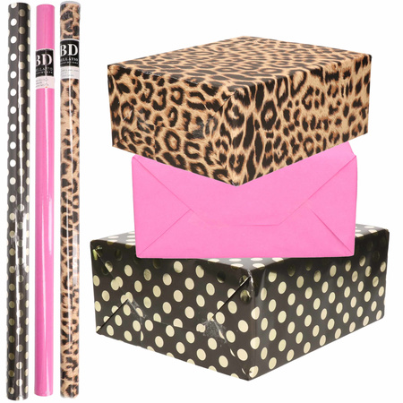 9x Rollen kraft inpakpapier/folie pakket - panterprint/roze/zwart met gouden stippen 200 x 70 cm