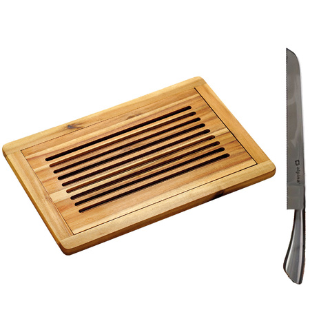 Acacia wood cutting board 32 x 48 cm with crump tray and breadknife 33 cm