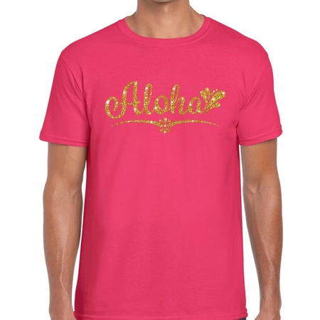 Aloha gouden glitter hawaii t-shirt roze heren