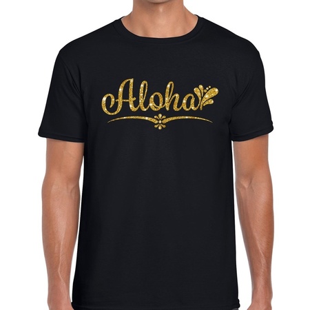 Aloha gouden glitter hawaii t-shirt zwart heren