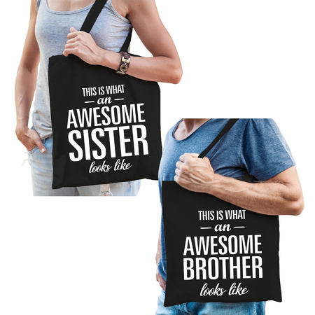 Awesome Brother en Sister tasje zwart - Cadeau tassen set voor Broer en Zus