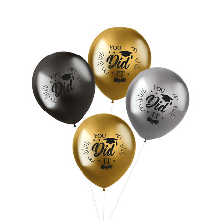Ballonnen geslaagd thema - 16x - goud/zilver/grijs - latex - 33 cm - diploma examenfeest versiering
