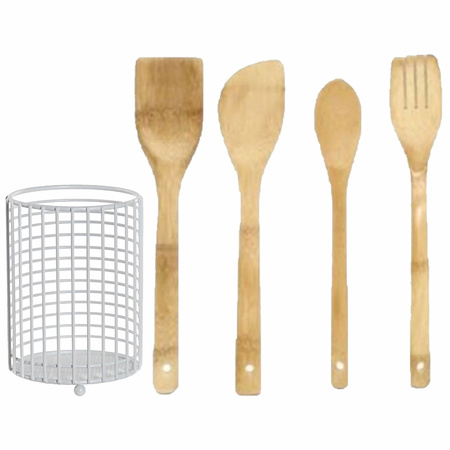 Bamboo wood kitchen utensils 4-parts set with metal holder