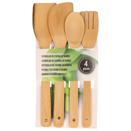 Bamboo wood kitchen utensils 4-parts set with metal holder
