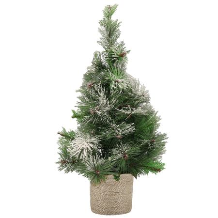 Besneeuwde kunstboom/kunst kerstboom 75 cm met naturel jute pot 