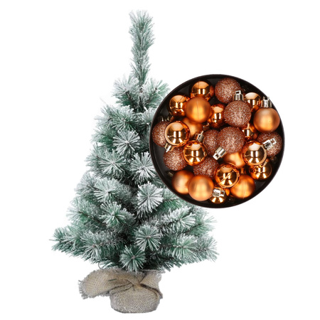 Besneeuwde mini kerstboom/kunst kerstboom 35 cm met kerstballen koper