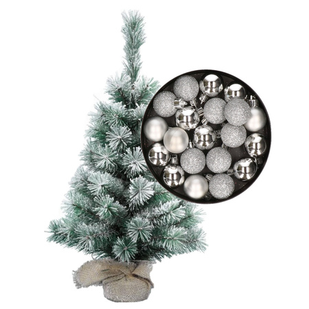 Besneeuwde mini kerstboom/kunst kerstboom 35 cm met kerstballen zilver