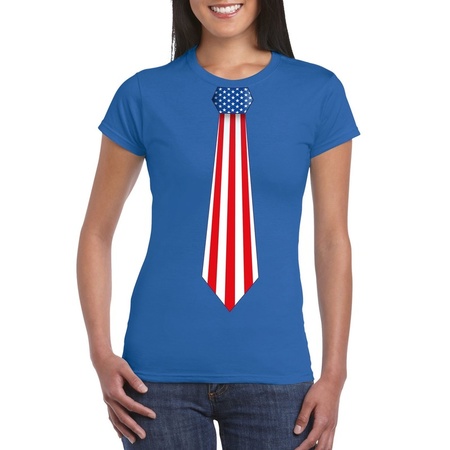 Blauw t-shirt met Amerika vlag stropdas dames
