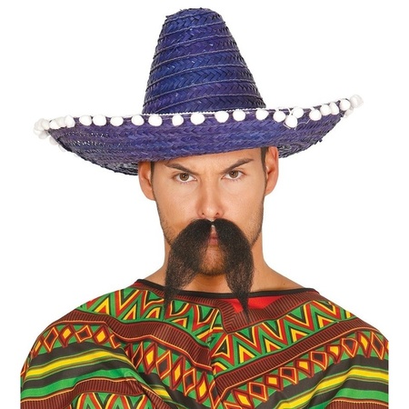 Carnaval verkleed set - Mexicaanse sombrero hoed met plaksnor - blauw - heren