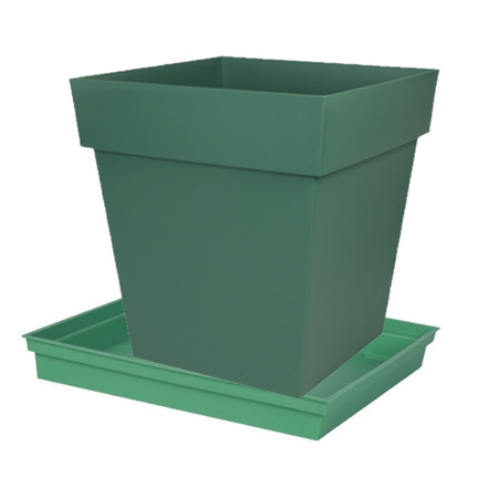 Flowerpot square green plastic L32 x W32 x H32 cm with bowl L27 x W27 x H4 cm