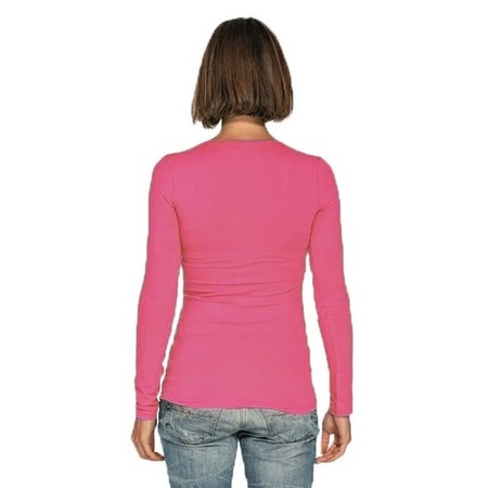 Bodyfit dames shirt lange mouwen/longsleeve fuchsia roze