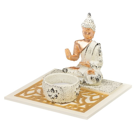 Boeddha beeld voor binnen 14 cm met 12x geurkaarsen Cotton Blossom