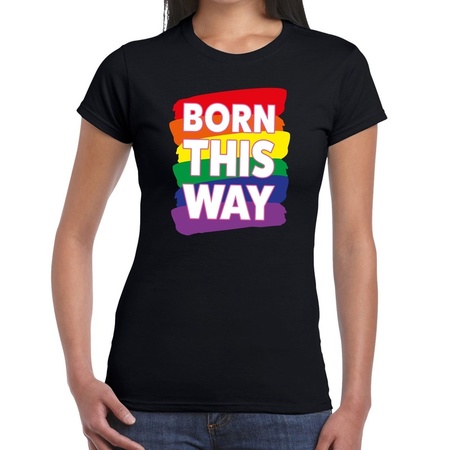 Born this way regenboog gaypride shirt zwart voor dames