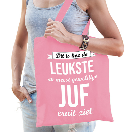 Gift bag - leukste juf - pink - cotton - 42 x 38 cm