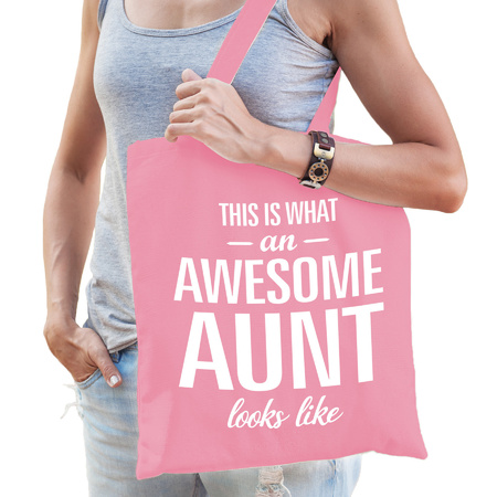Cadeau tas voor tante - roze - katoen - 42 x 38 cm - awesome aunt 