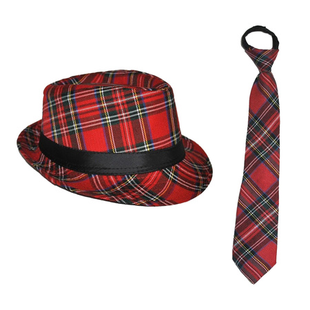 Carnaval Schotse ruit thema verkleed set - hoedje en stropdas - rood tartan - heren