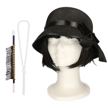 Carnaval verkleed accessoire set - sigarettenhouder/parelketting/hoed - charleston/jaren 20 stijl