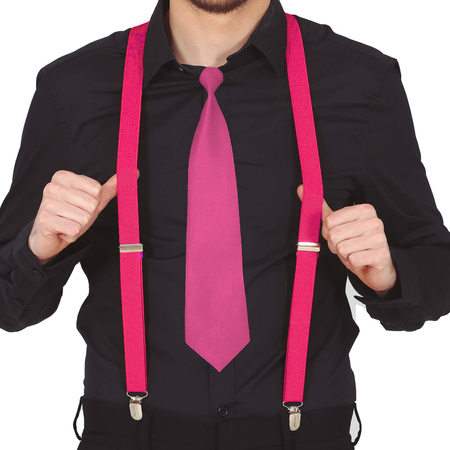 Carnaval verkleed bretels en stropdas - fuchsia roze - volwassenen - verkleed accessoires