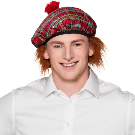 Carnaval verkleed hoed/baret in Schotse ruit - rood - polyester - heren - Schotland - met rood/bruin
