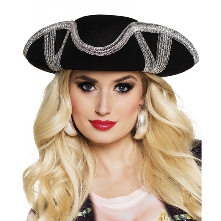 Carnaval verkleed hoed voor een Piraat - zwart/zilver - polyester - heren/dames
