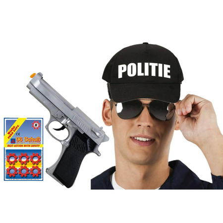 Carnaval verkleed politie agent pet/cap - zwart - pistool 8-shots/zonnebril - heren/dames