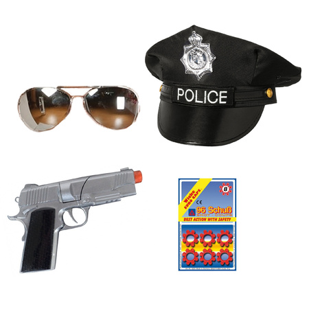 Carnaval verkleed politie agent pet - zwart - pistool 8-shots/zonnebril - heren/dames