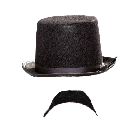 Carnaval verkleed set Aristoctaat/Gentleman Charles - Hoge hoed met plaksnor - Heren