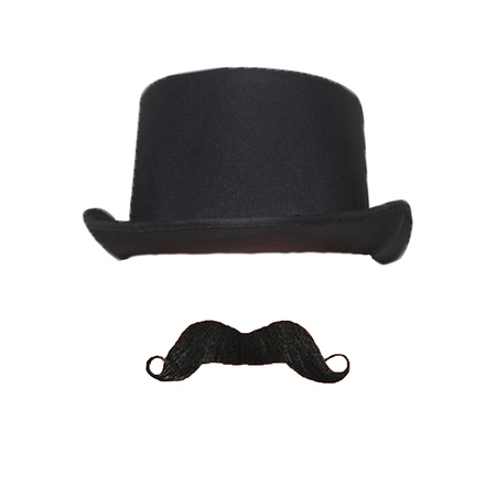 Carnaval verkleed set Aristoctaat/Gentleman George - Hoge hoed met plaksnor - Heren