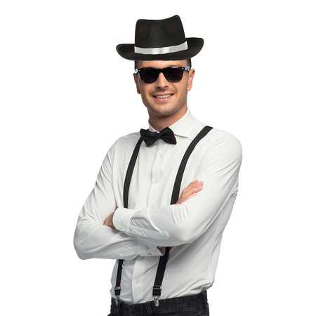 Party carnaval set complete - gangster hat/suspenders/party glasses/bowtie - black - for men