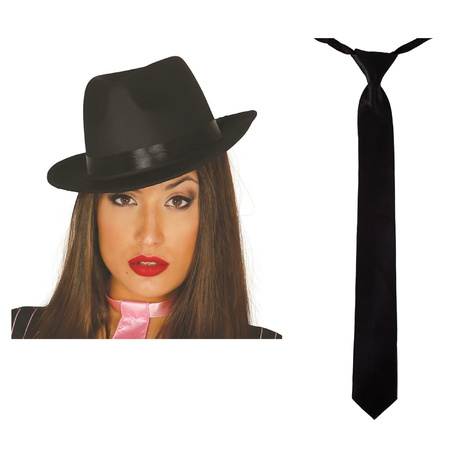 Carnaval verkleed set compleet - gangster/maffia hoedje met stropdas - zwart - volwassenen