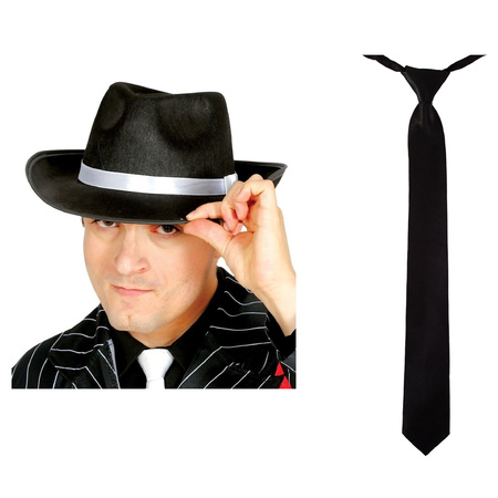 Carnaval verkleed set compleet - gangster/maffia hoedje met stropdas - zwart - volwassenen