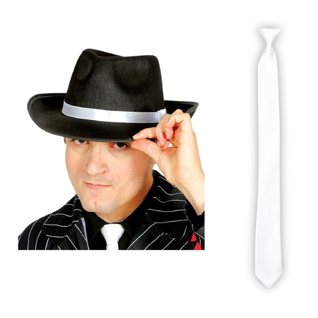 Party carnaval set complete - gangster hat and tie - black/white - for adults