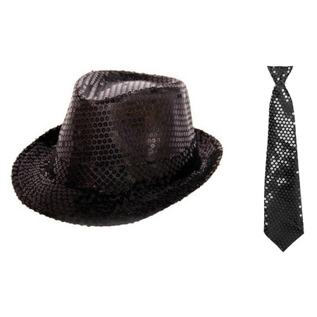 Toppers - Carnaval verkleed set glitter hoed en stropdas zwart