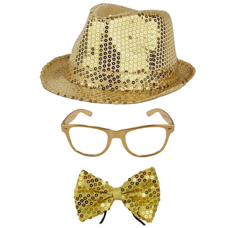 Toppers - Carnaval verkleed set hoed-strikje-bril goud glitters