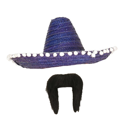 Carnaval verkleed set - Mexicaanse sombrero hoed met plaksnor - blauw - heren