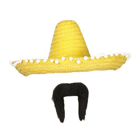 Carnaval verkleed set - Mexicaanse sombrero hoed met plaksnor - geel - heren